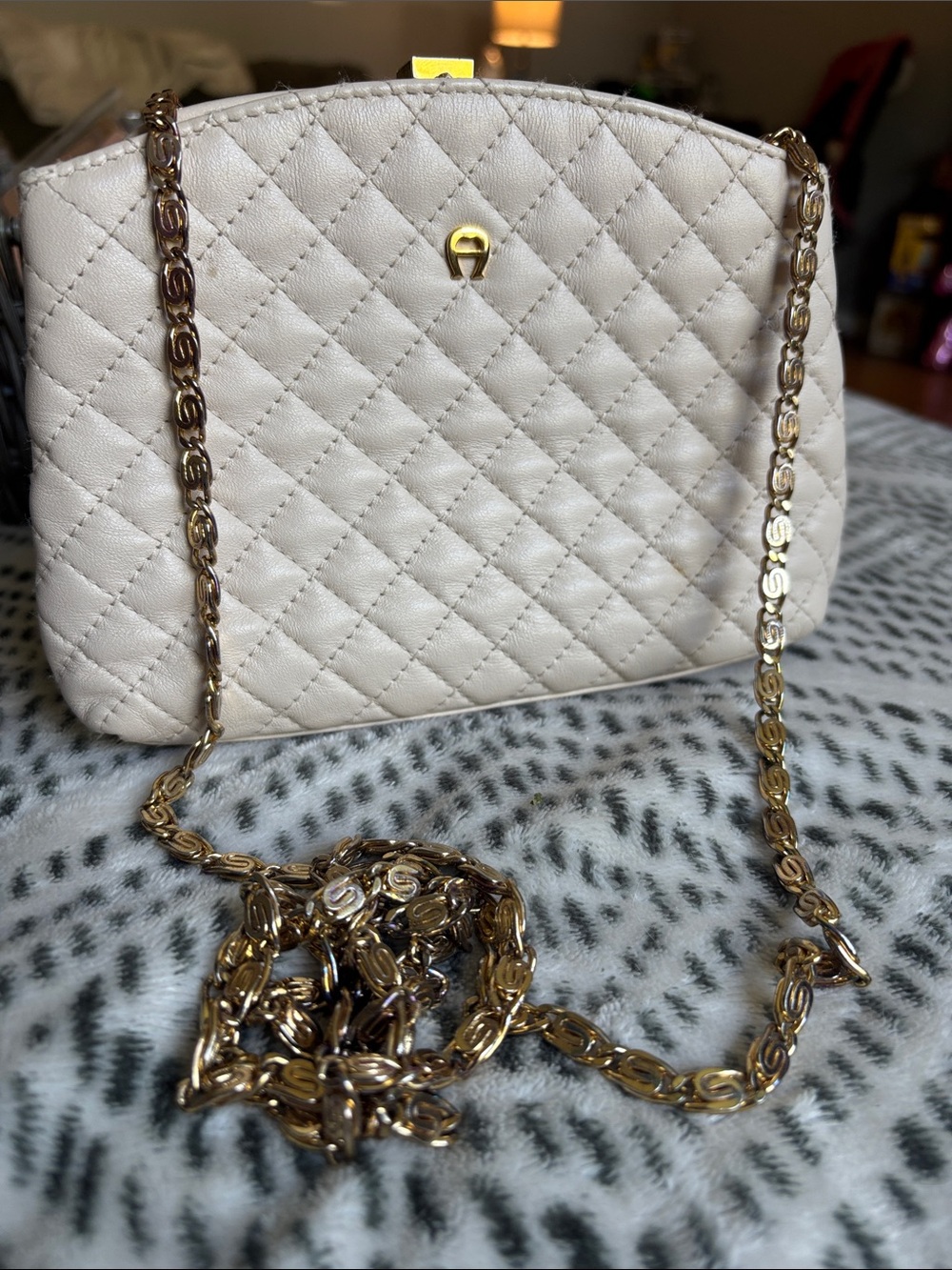 Cream Quilted Genuine Leather Crossbody Bag with Gold Chain Strap